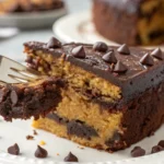 A fork taking a bite of cornbread chocolate cake, showcasing its moist texture and rich chocolate flavor.