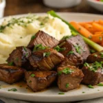 Tender, flavorful garlic butter steak bites served with mashed potatoes and vegetables, perfect for an easy and delicious dinner recipe.