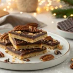 A plated piece of pecan pie bark with chocolate and pecans, ideal for holiday gifting or a sweet treat.