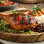 A tasty and flavorful grilled chicken recipe featuring red pepper marinade, served with rice and beans for a perfect meal.