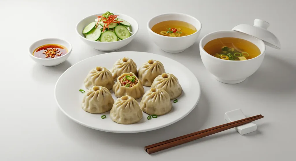 Plated vegan soup dumplings served with cucumber salad, chili oil, and hot and sour soup, offering a complete plant-based meal