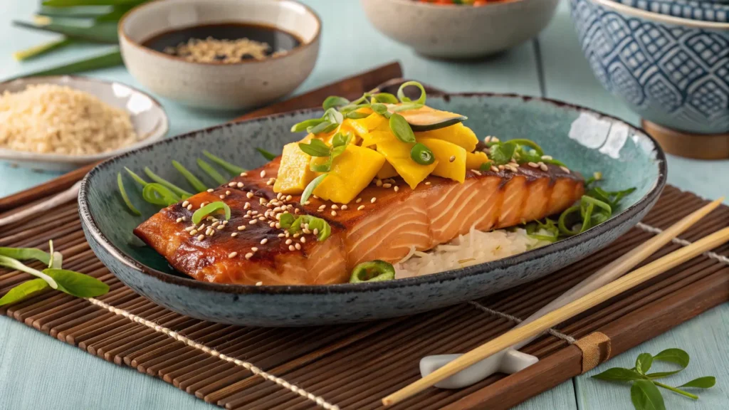 Teriyaki salmon topped with dried mango, garnished with sesame seeds and herbs, showcasing an Asian-inspired fish and fruit pairing.