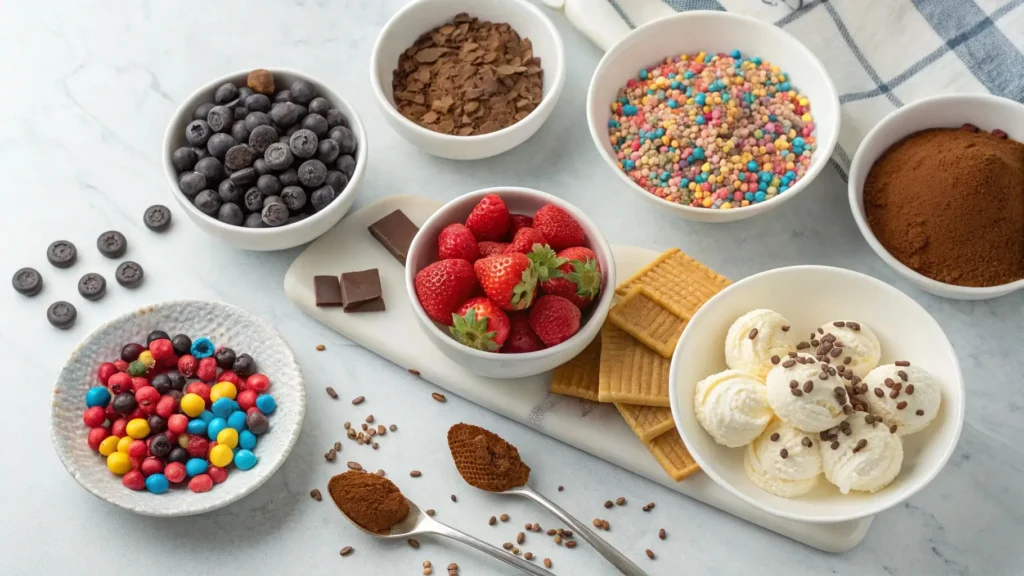 Optional toppings like chocolate chips, berries, and sprinkles to add to homemade snow ice cream. Customize your dessert for extra flavor.