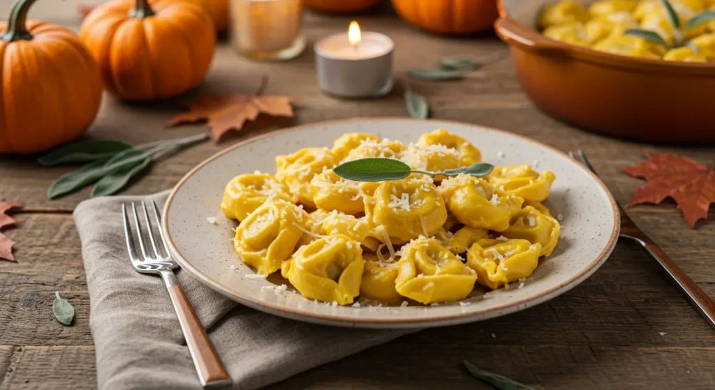 A plate of tortellini pumpkin pasta with Parmesan and sage, served in a rustic bowl on a cozy fall table