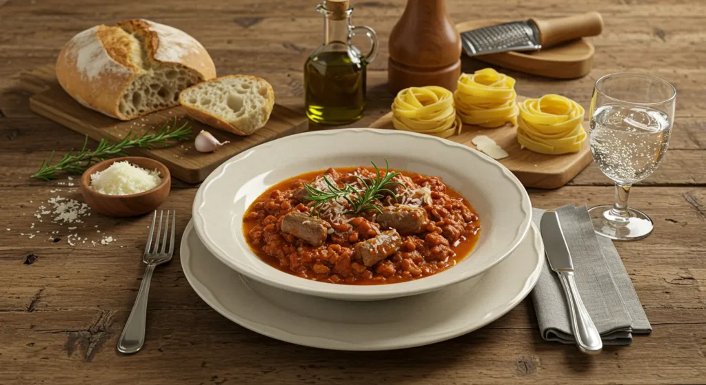 Steaming bowl of Lamb Ragu d'Abruzzo garnished with rosemary and Parmesan, served on a rustic table with bread, olive oil, and pasta.