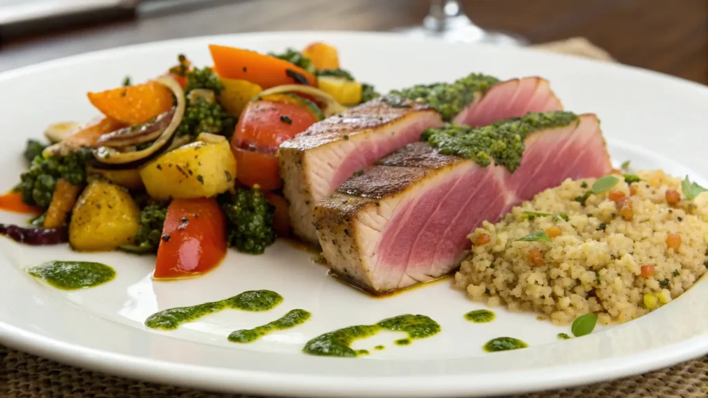 Delicious tuna steak served with roasted vegetables and quinoa, ideal for a healthy meal.