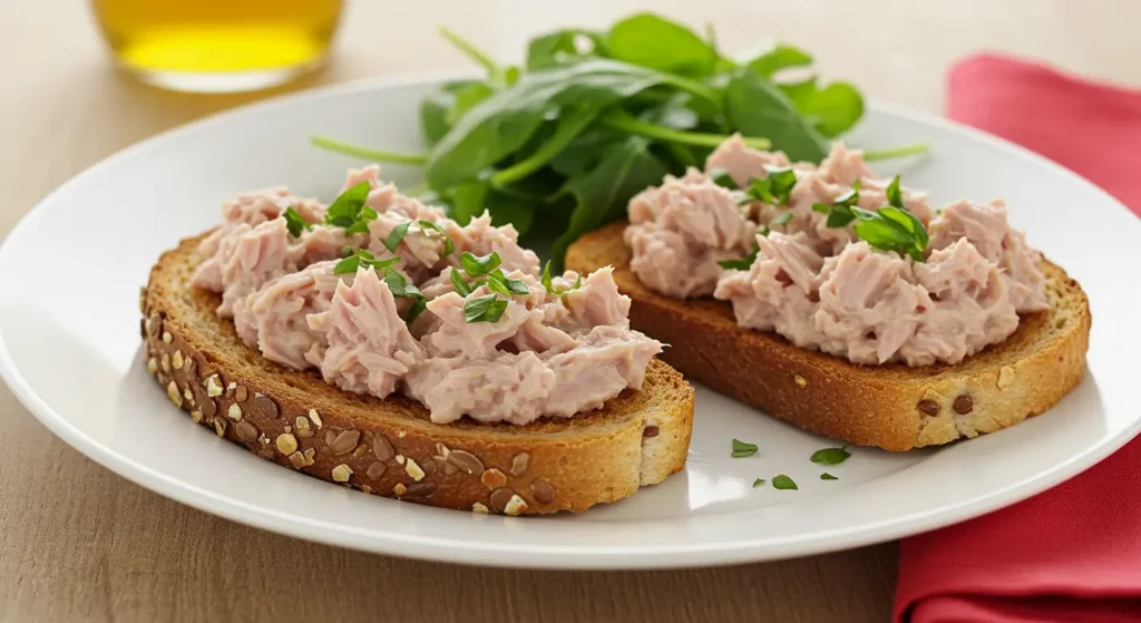 Tuna on whole grain toast served with a light salad, ready to enjoy. A simple and nutritious meal option.