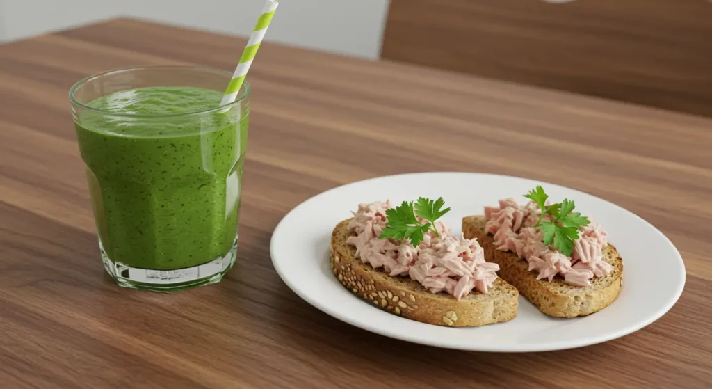 Tuna on whole grain toast paired with a fresh green smoothie made from spinach, banana, and almond milk. A perfect nutrient-rich combination.