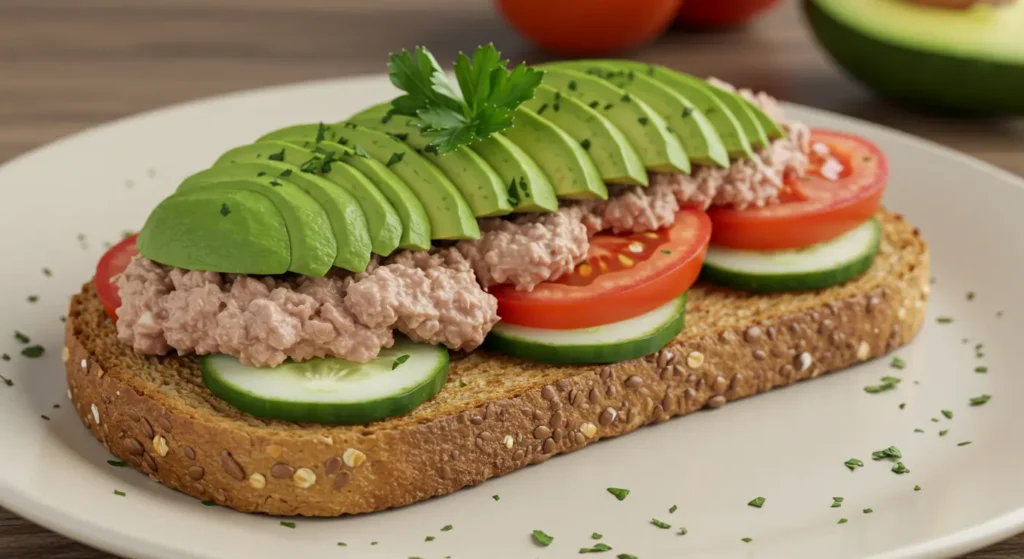 Healthy tuna on whole grain toast with fresh vegetables like cucumber, tomato, and avocado. A balanced and nutritious meal.