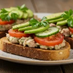 Healthy Tuna on Whole Grain Toast with avocado, cucumber, and tomato slices, garnished with fresh parsley for a nutritious and satisfying meal.