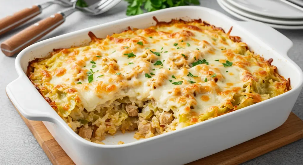 A delicious turkey cabbage casserole with rice, topped with melted mozzarella and garnished with fresh parsley, ready to serve