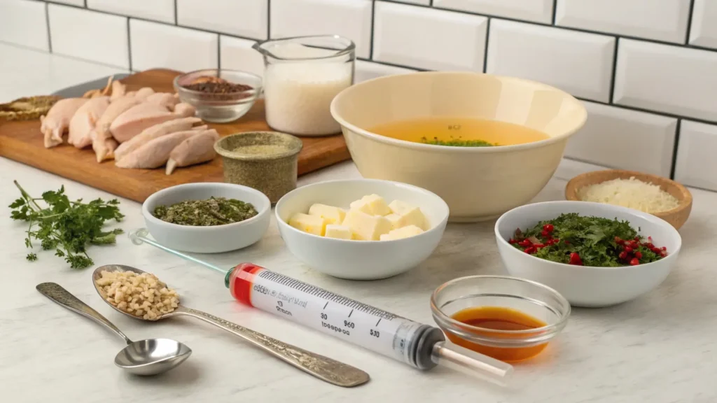 Ingredients for a perfect turkey injection recipe including broth, butter, and spices arranged on a kitchen counter.