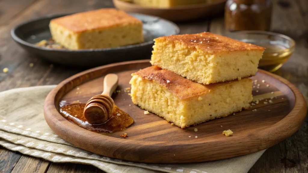 Close-up of unique Southern cornbread with beef tallow, showcasing the crispy crust and golden-brown texture, served with a touch of honey.