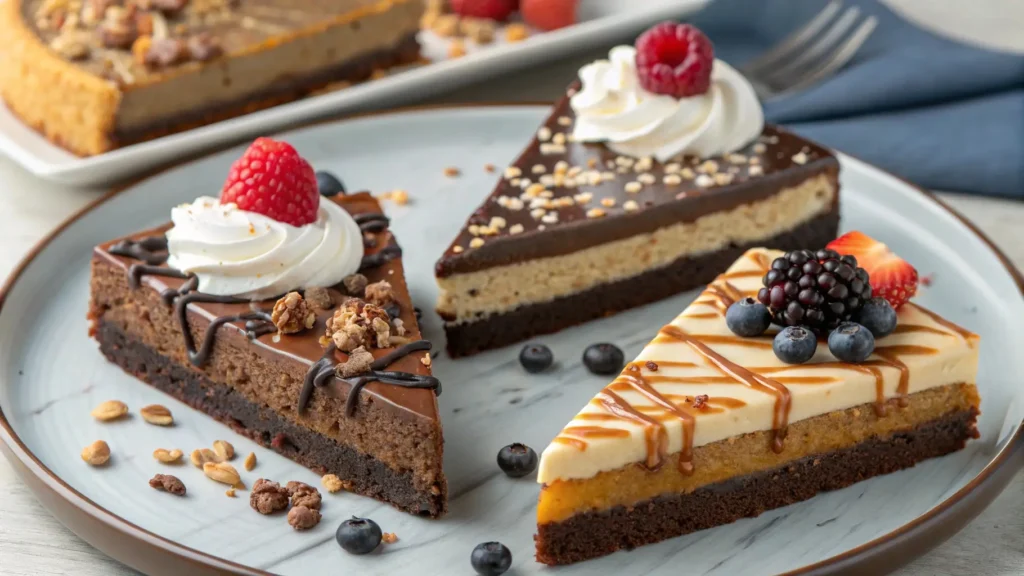 Different variations of cornbread chocolate cake with whipped cream and fresh berries as toppings.