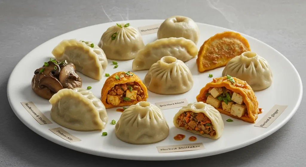 Plate featuring assorted vegan soup dumplings with mushroom, tofu, spicy broth, and herb fillings, showcasing different plant-based options