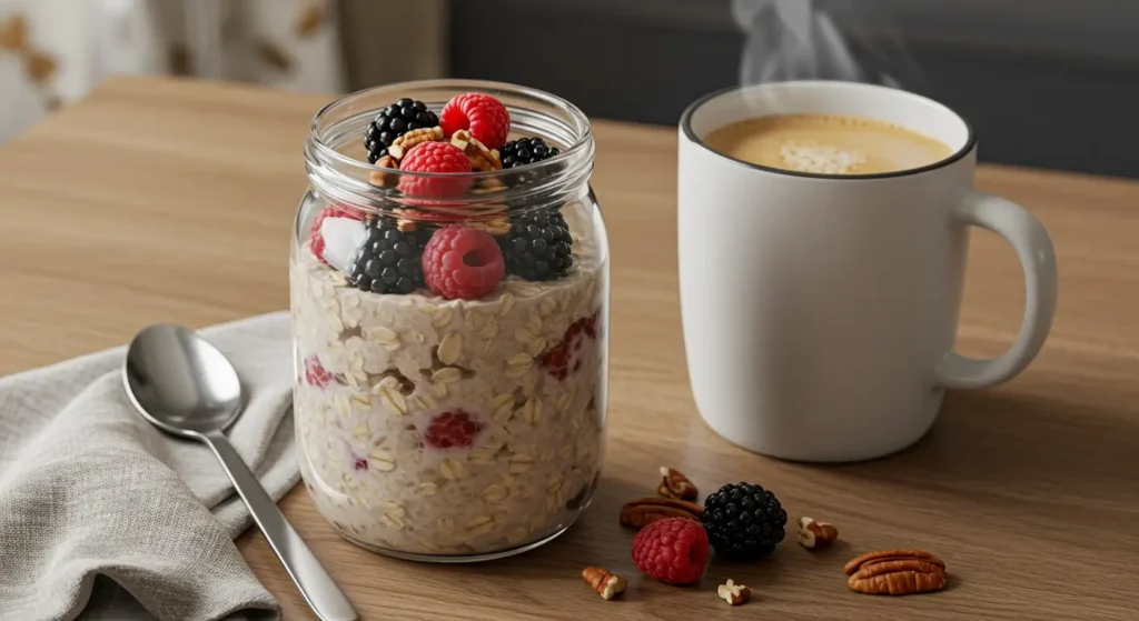 A jar of vegan overnight oats garnished with fresh berries and nuts, next to a cup of coffee