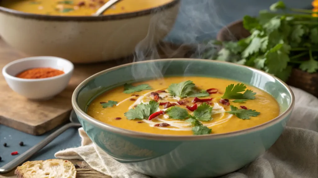 A comforting bowl of vegan Chinese squash soup made with kabocha, coconut milk, and topped with cilantro for added freshness.