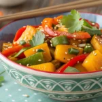 A delicious vegan stir-fry with Chinese squash, kabocha squash, bell peppers, and sesame seeds, served in a bowl with fresh cilantro garnish.