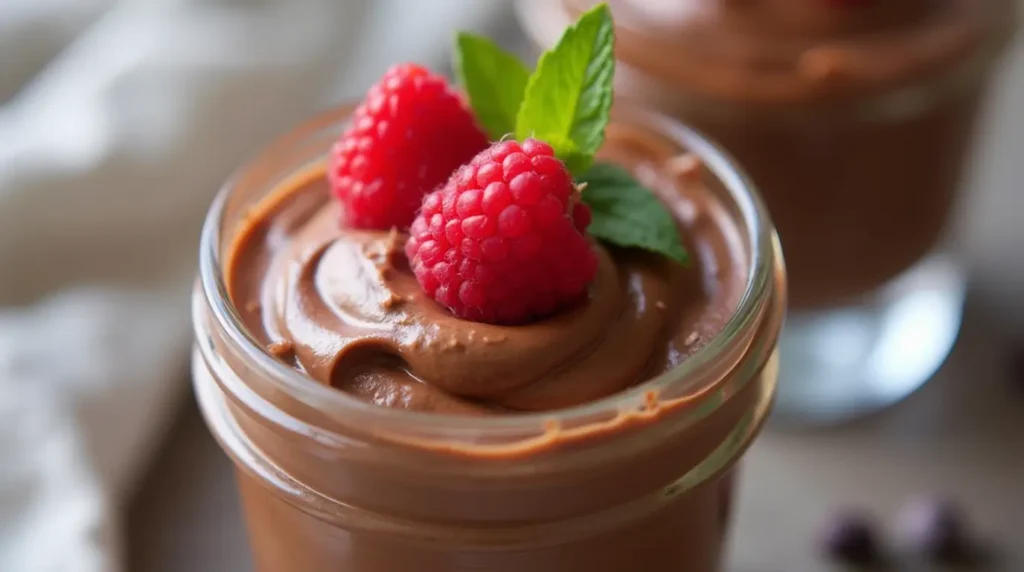 A creamy vegan chocolate mousse topped with raspberries and mint in a glass jar