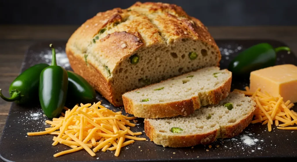 A rustic loaf of vegan jalapeno cheese artisan bread surrounded by fresh jalapenos and vegan cheese, perfect for plant-based baking