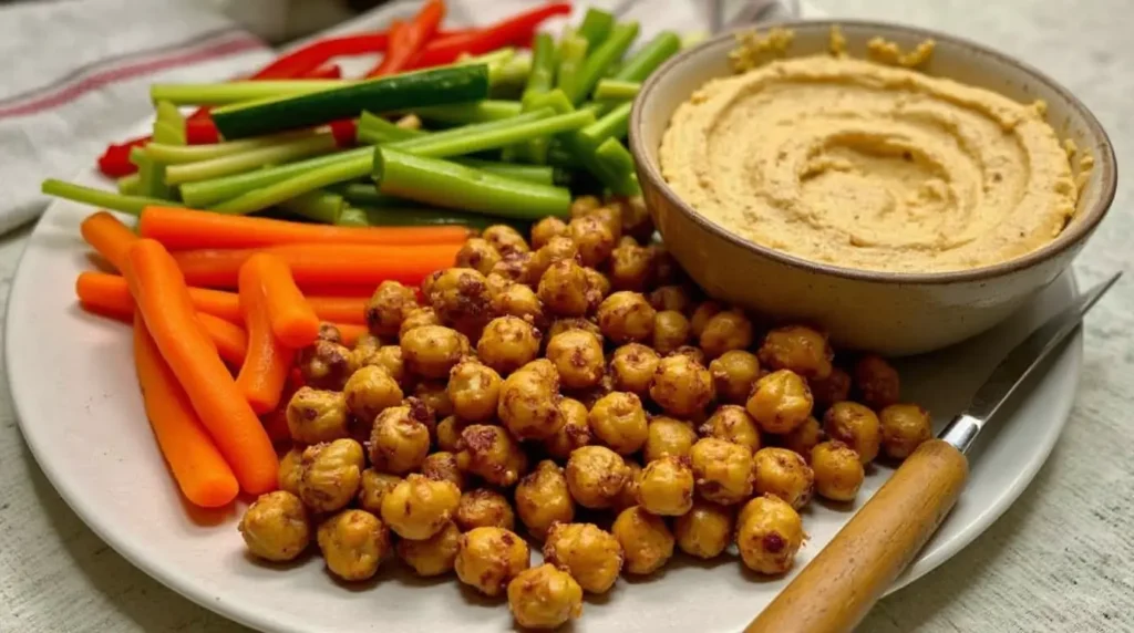 A platter with roasted chickpeas, vegetable sticks, and hummus, perfect for vegan snacks or appetizers