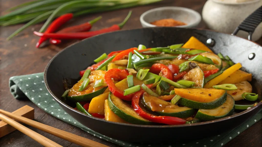 A vibrant vegan stir-fry featuring Chinese squash and kabocha squash, bell peppers, and soy sauce, perfect for a healthy meal.