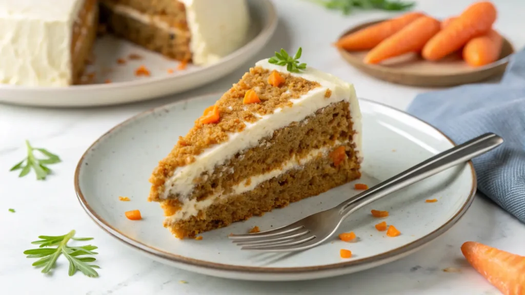 A slice of gluten-free and vegan carrot cake with cream cheese frosting, served on a plate with a fork and garnished with carrots.