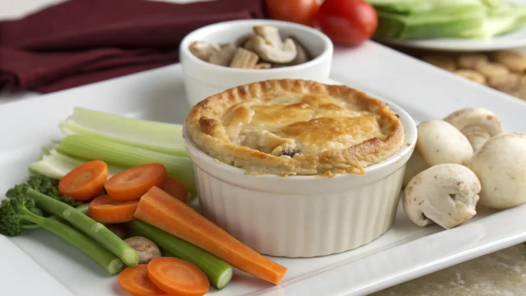 Vegetarian chicken pot pie in a ceramic ramekin with golden crust, surrounded by fresh carrots, celery, and mushrooms.