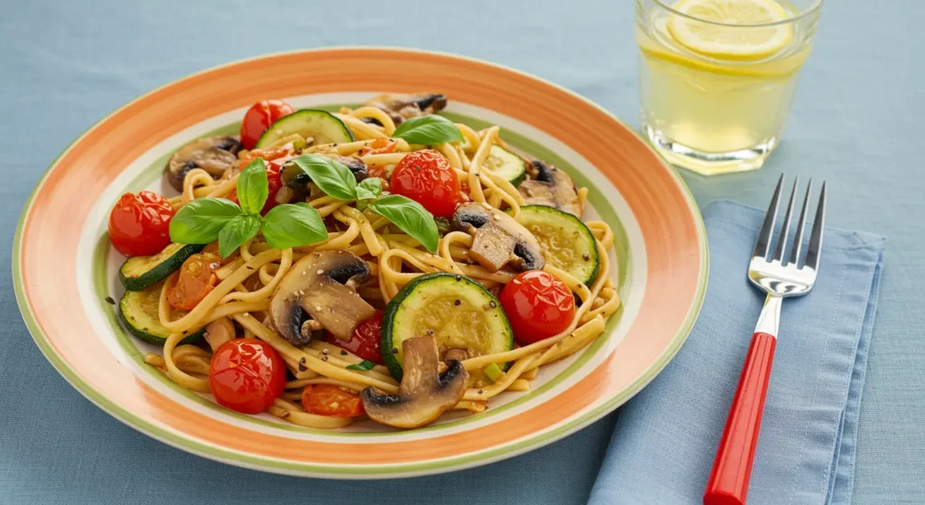 Vegetarian Italian drunken noodles with fresh vegetables and basil