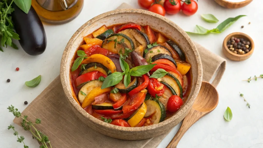 A colorful, freshly made ratatouille with eggplant, zucchini, tomatoes, and bell peppers in a rustic bowl, garnished with fresh herbs.