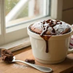 A freshly made chocolate mug cake in a cozy setting, ready to enjoy with a spoon. The cake is moist and delicious with a chocolate drizzle.