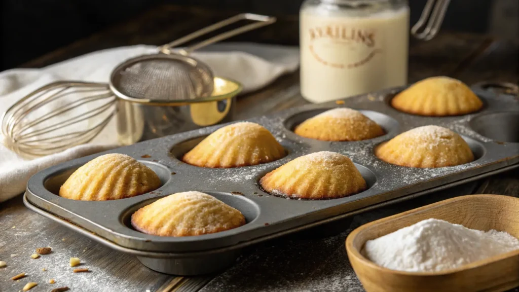 Close-up of golden madeleine cakes in a baking tray with baking tools around, showing their classic shell shape and texture.