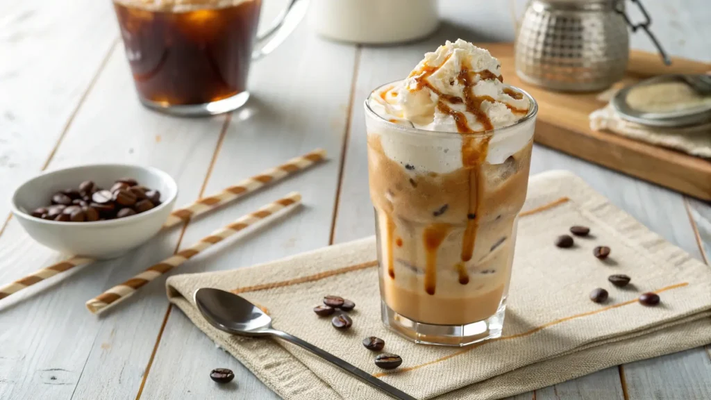 A refreshing glass of whipped maple iced coffee with whipped topping and maple syrup, perfect for a sweet, creamy coffee experience.