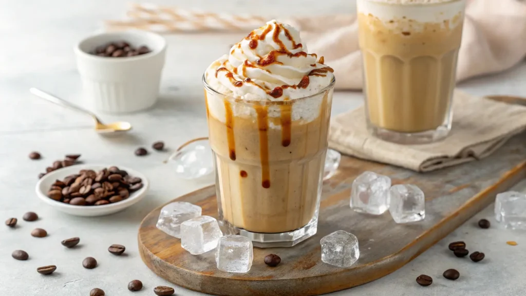 Featured image of whipped maple iced coffee, showcasing its creamy texture, whipped topping, and maple syrup for a delicious and refreshing treat.