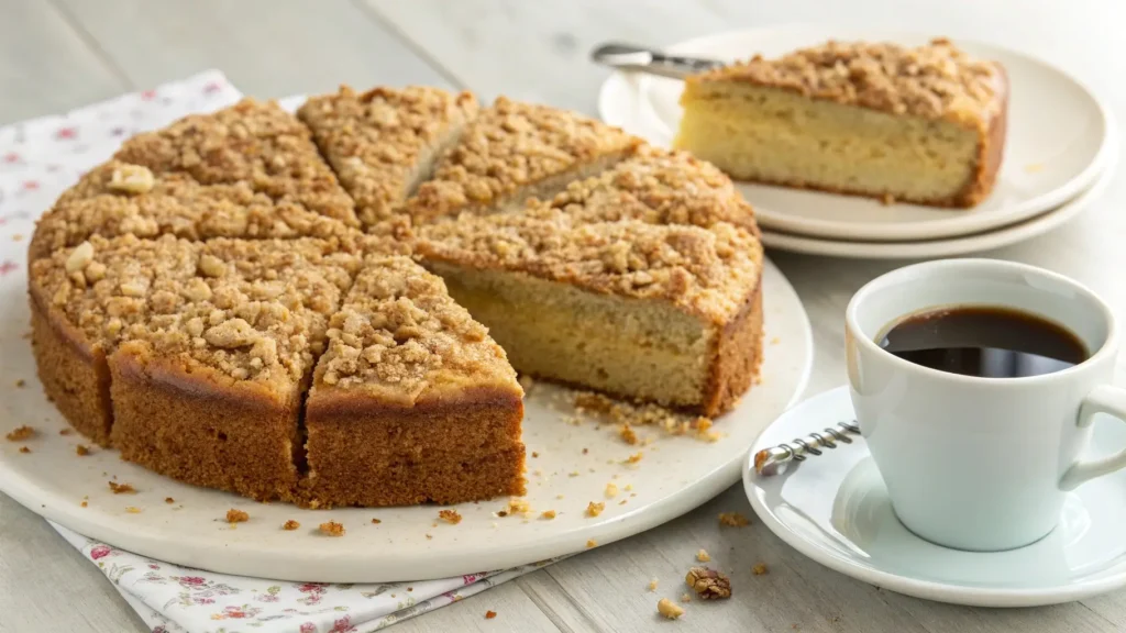 A slice of freshly baked coffee cake with oatmeal streusel topping, served with a cup of coffee for a perfect treat.