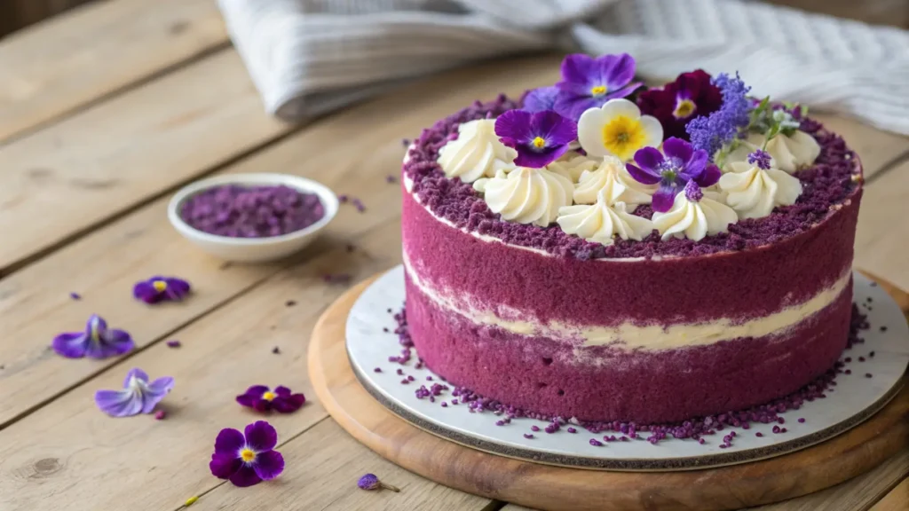 Stunning purple velvet cake with cream cheese frosting, edible flowers, and purple sprinkles, perfect for any occasion.
