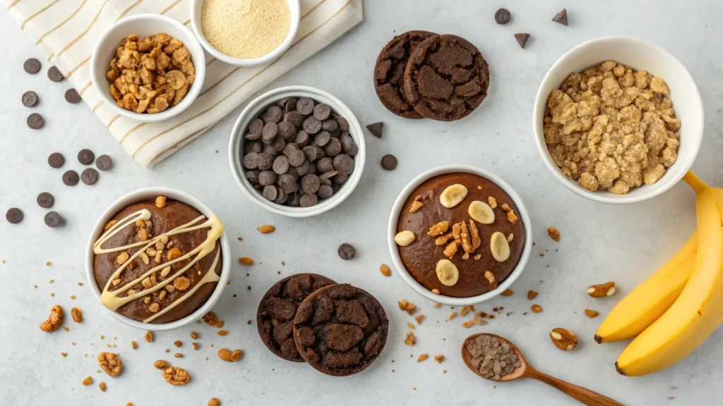 Chocolate chips, nuts, caramel drizzle, and crushed cookies arranged around freshly baked brownie banana cookies for customization ideas.