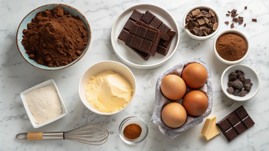 All the ingredients for making Brooklyn Blackout Cake, including cocoa powder, cake flour, butter, and eggs.