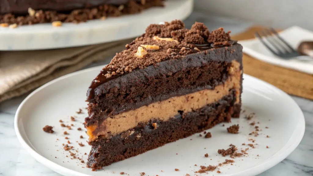 Close-up of a slice of Brooklyn Blackout Cake, featuring rich chocolate layers and creamy pudding filling.