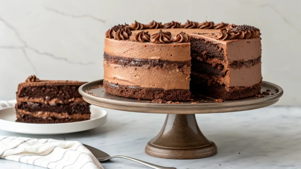 Whole Brooklyn Blackout Cake on a pedestal stand with rich chocolate layers and pudding filling, perfect for any celebration.