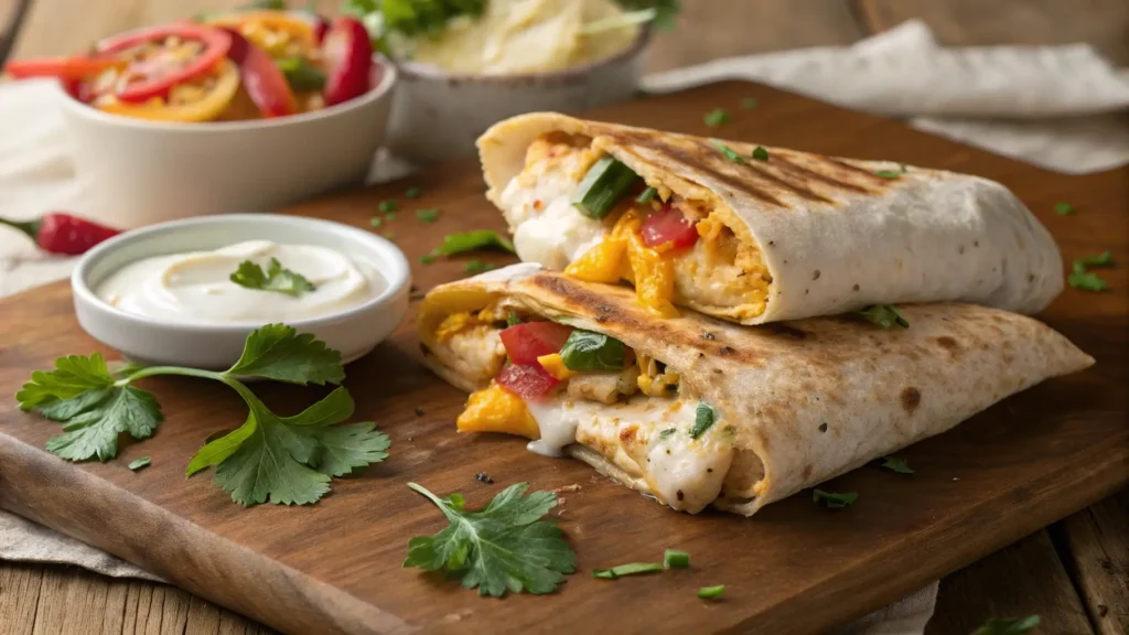 A warm, cheesy garlic chicken wrap with melted cheese oozing out