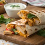 Delicious cheesy garlic chicken wrap with melted cheese, chicken slices, and fresh ingredients, perfect for a quick and tasty meal.