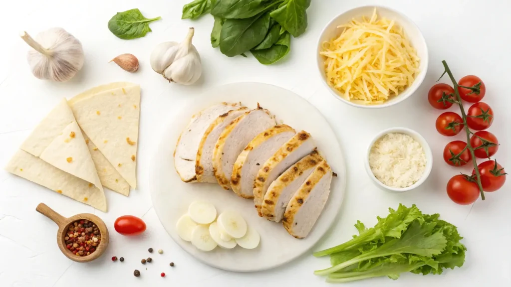 Fresh ingredients for cheesy garlic chicken wraps recipe including chicken, garlic, cheese, and vegetables.