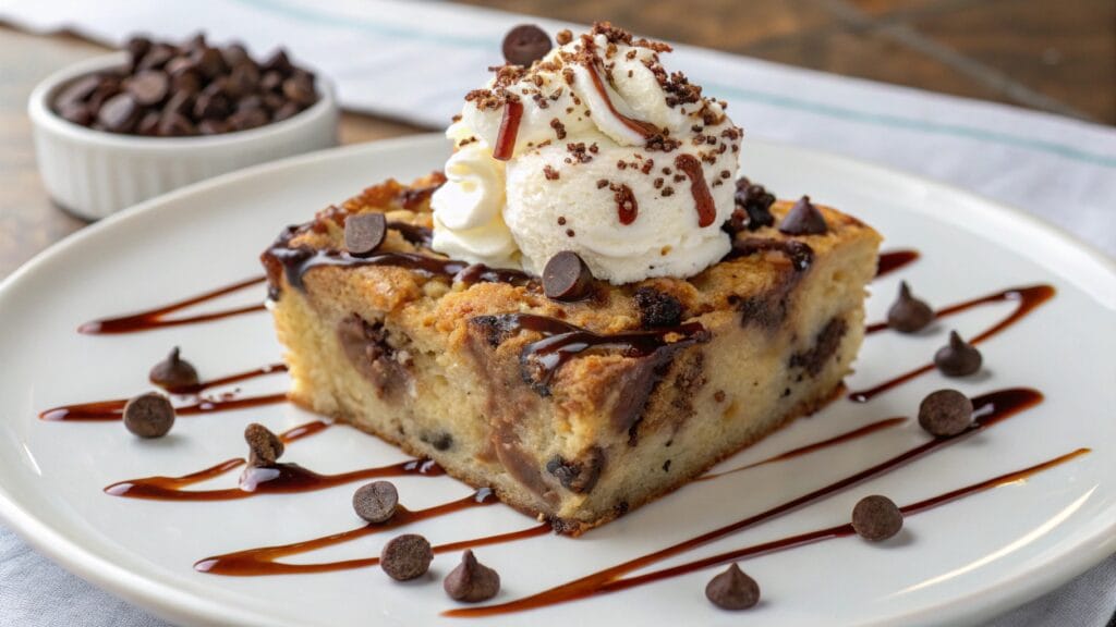 A freshly baked chocolate chip bread pudding served on a plate, showcasing its golden crust and melted chocolate chips. Perfect for dessert lovers.