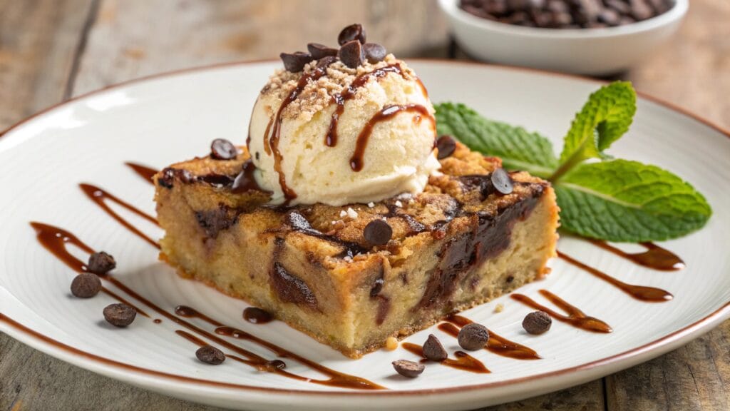 A serving of chocolate chip bread pudding topped with a scoop of vanilla ice cream, a delicious dessert served with chocolate syrup.