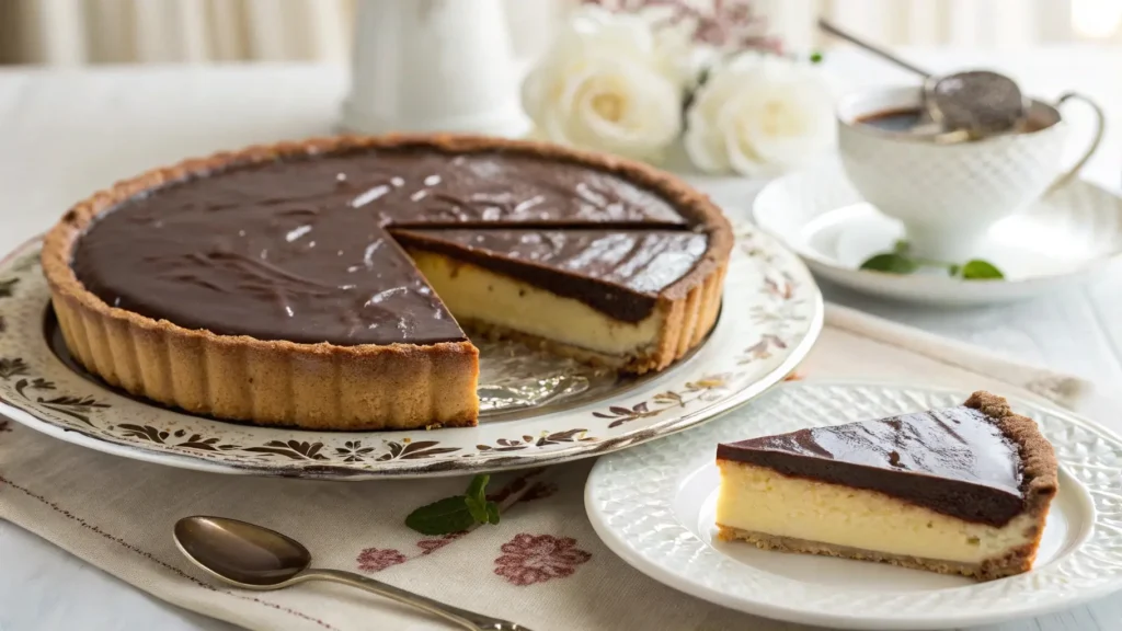 Whole chocolate quiche cake with a glossy chocolate top, sliced to reveal a creamy interior, perfect for any special occasion dessert.