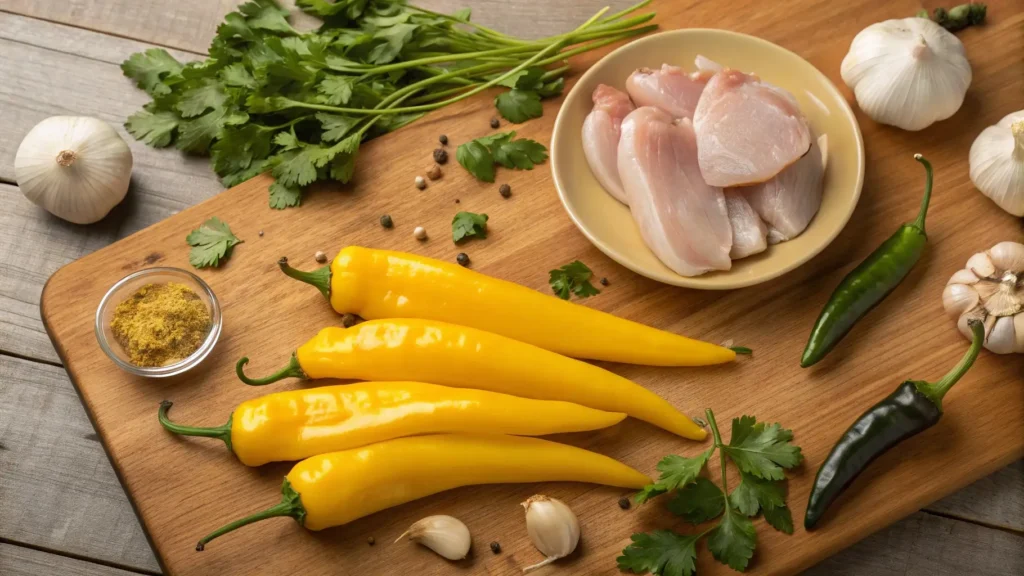 Authentic ingredients for Churu chicken amarillo recipe en Lima: aji amarillo peppers, fresh chicken, garlic, onions, and cilantro. The key to making this traditional dish.