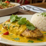 Churu Chicken Amarillo served with aji amarillo sauce, fresh cilantro, and rice. A traditional Peruvian dish that's flavorful, vibrant, and easy to prepare.