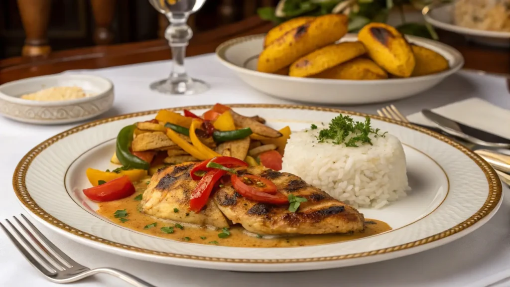 Churu Chicken Amarillo served with traditional Peruvian side dishes like rice, roasted vegetables, and plantains. A perfect meal combination.