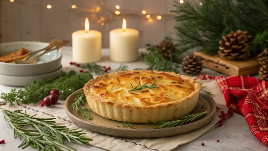 Classic potato pie with crispy golden top, garnished with fresh herbs, perfect for a holiday meal.